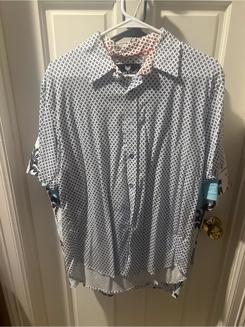 Men's White & Blue Micro-Pattern Short Sleeve Button-Down Shirt